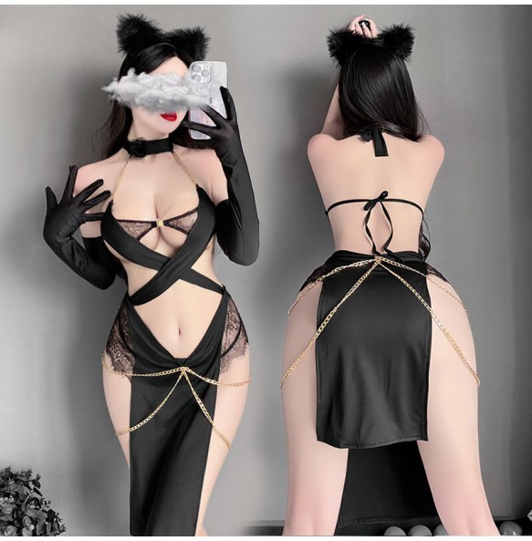 FEE ET MOI - Sexy Catwoman Bodysuit Includes Headband And Stockings (Black)